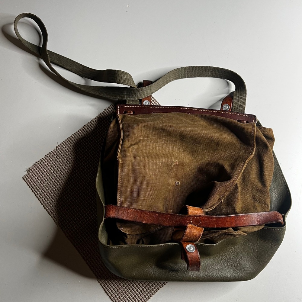 Vintage 1972 Swiss Military Bread Bag W Burki Sattler Olive Green Canvas Leather